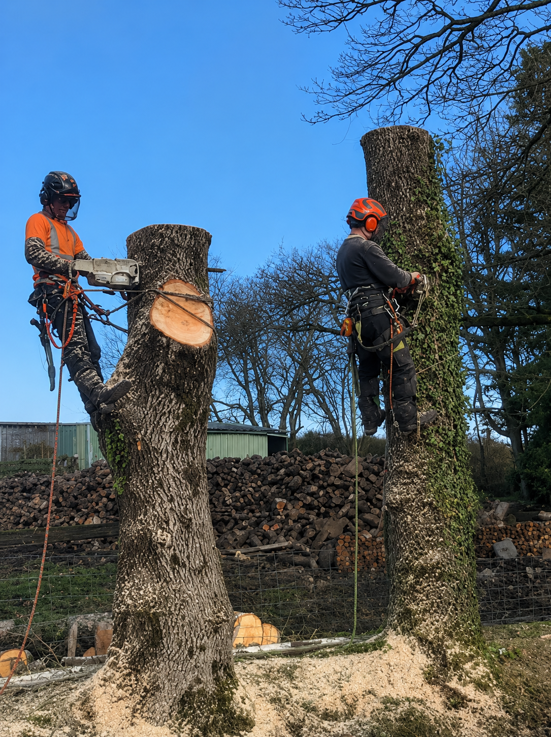 Two arborists removing large tree sections in Pallasgreen